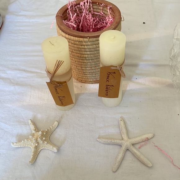 Vance Kitira gift. 2 8" pillar candles, rattan container, 2 starfish - Picture 2 of 5